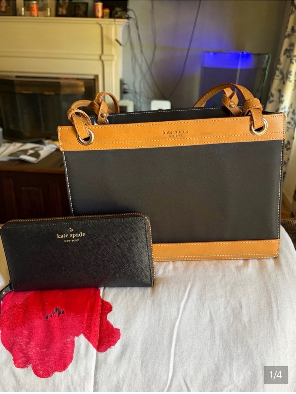 kate spade Black and Tan Colorblock Leather Satchel with Matching Wallet